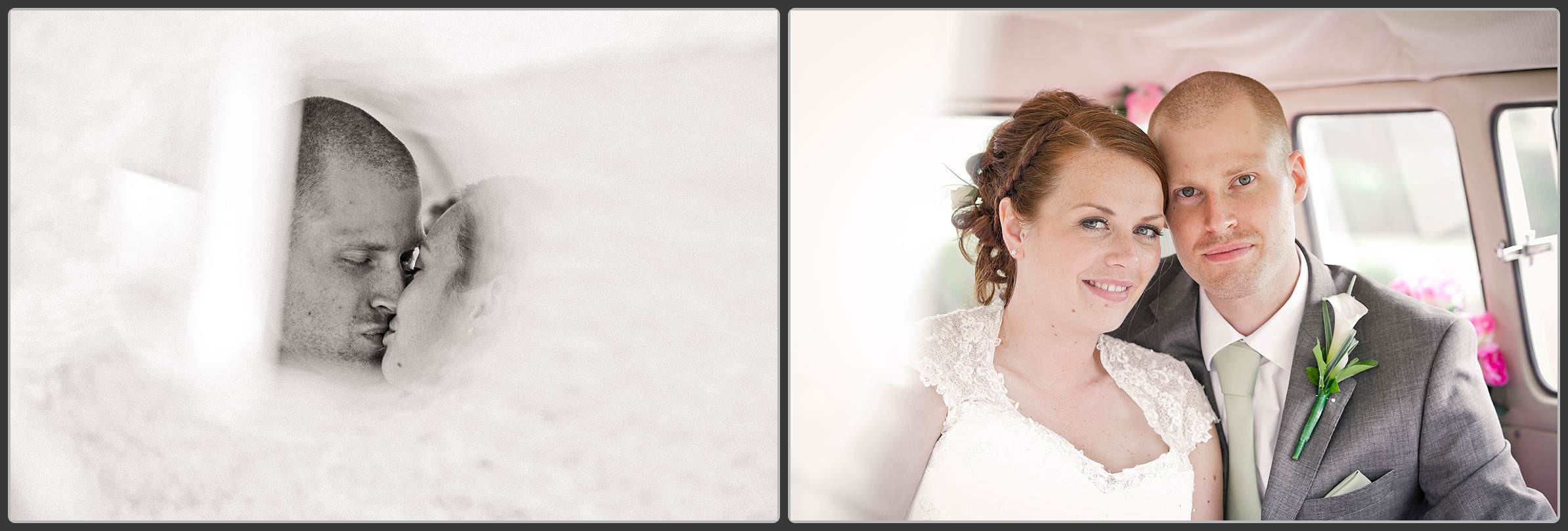 Bride and groom in VW camper