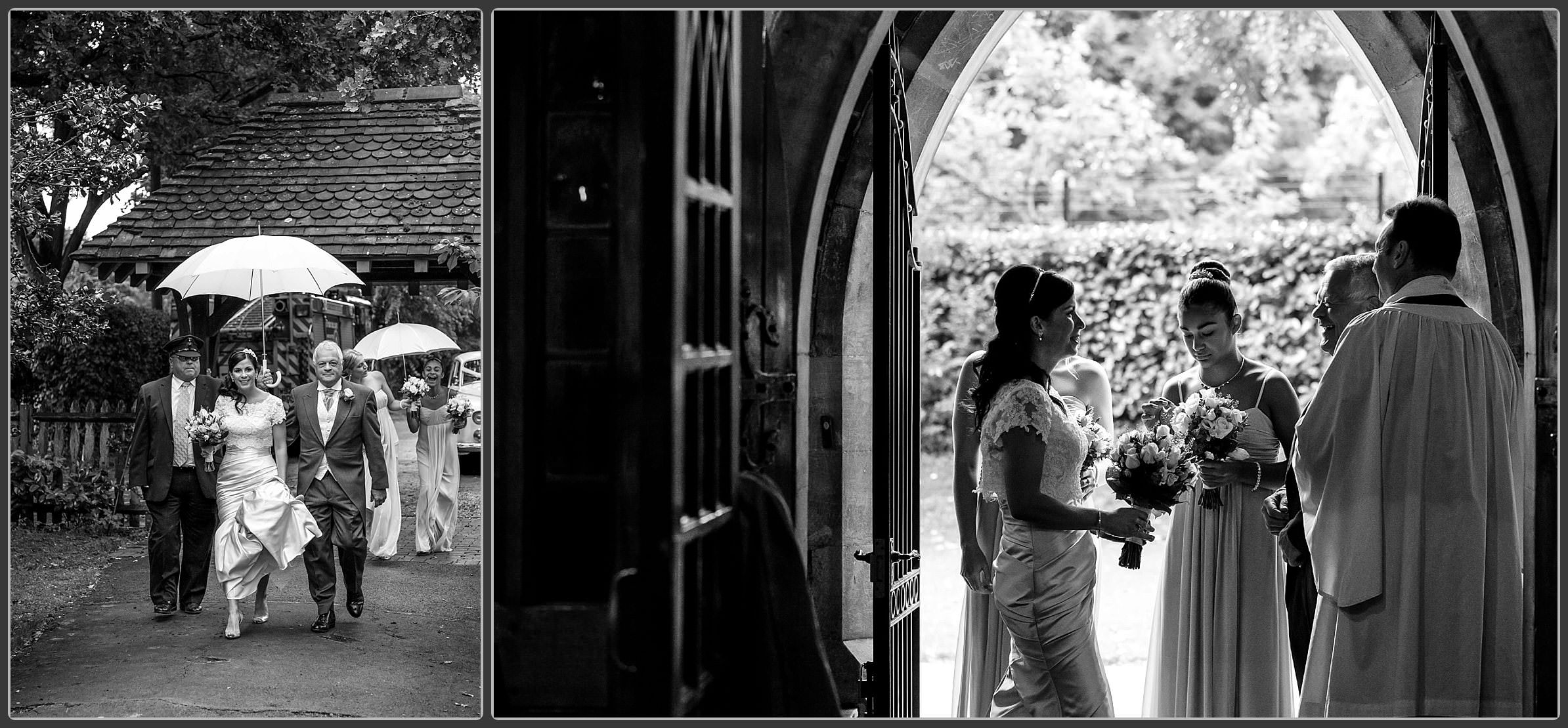 The bride walking towards the church