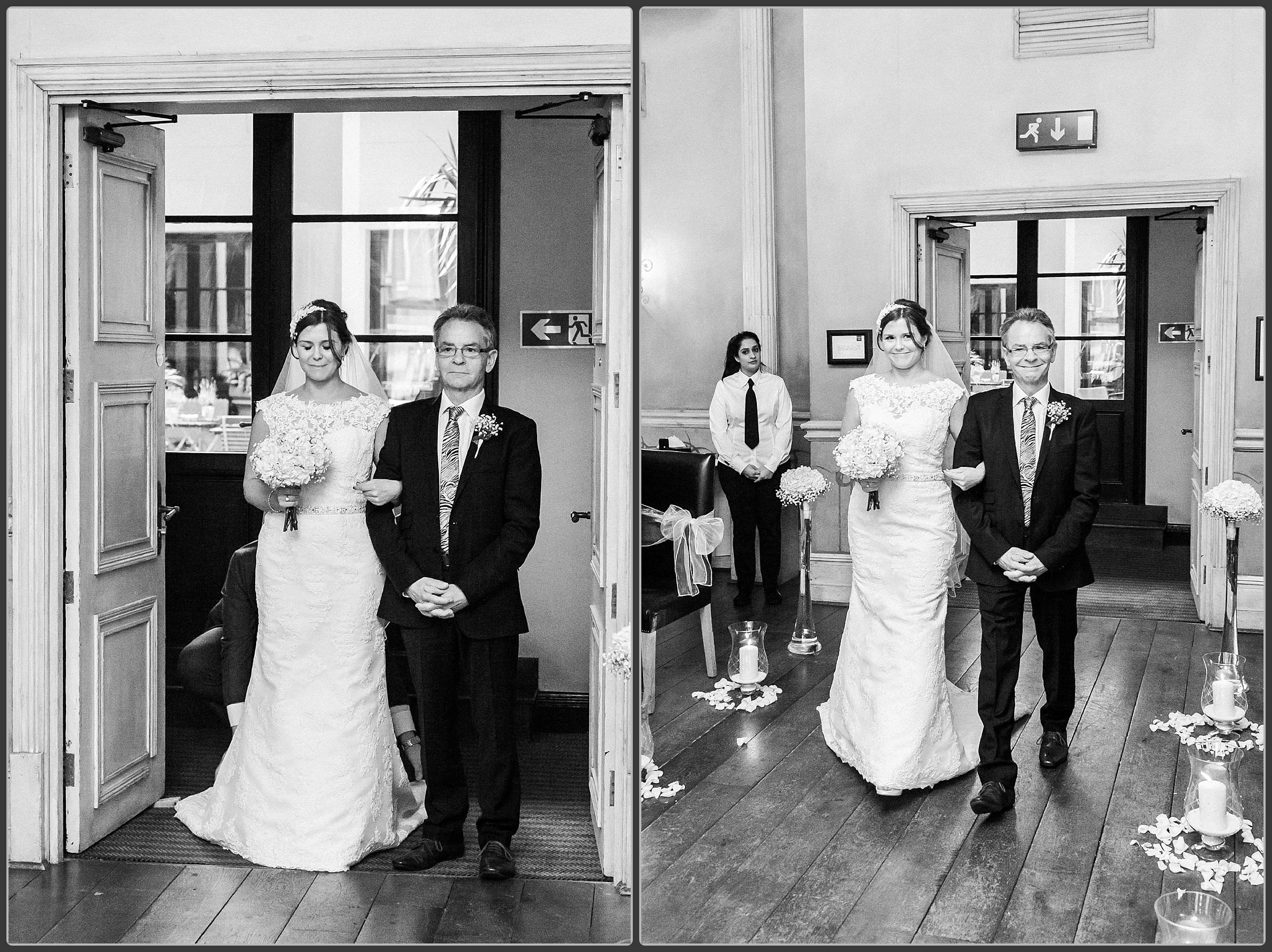 Bride walking down the aisle at the hotel du vin in Birmingham