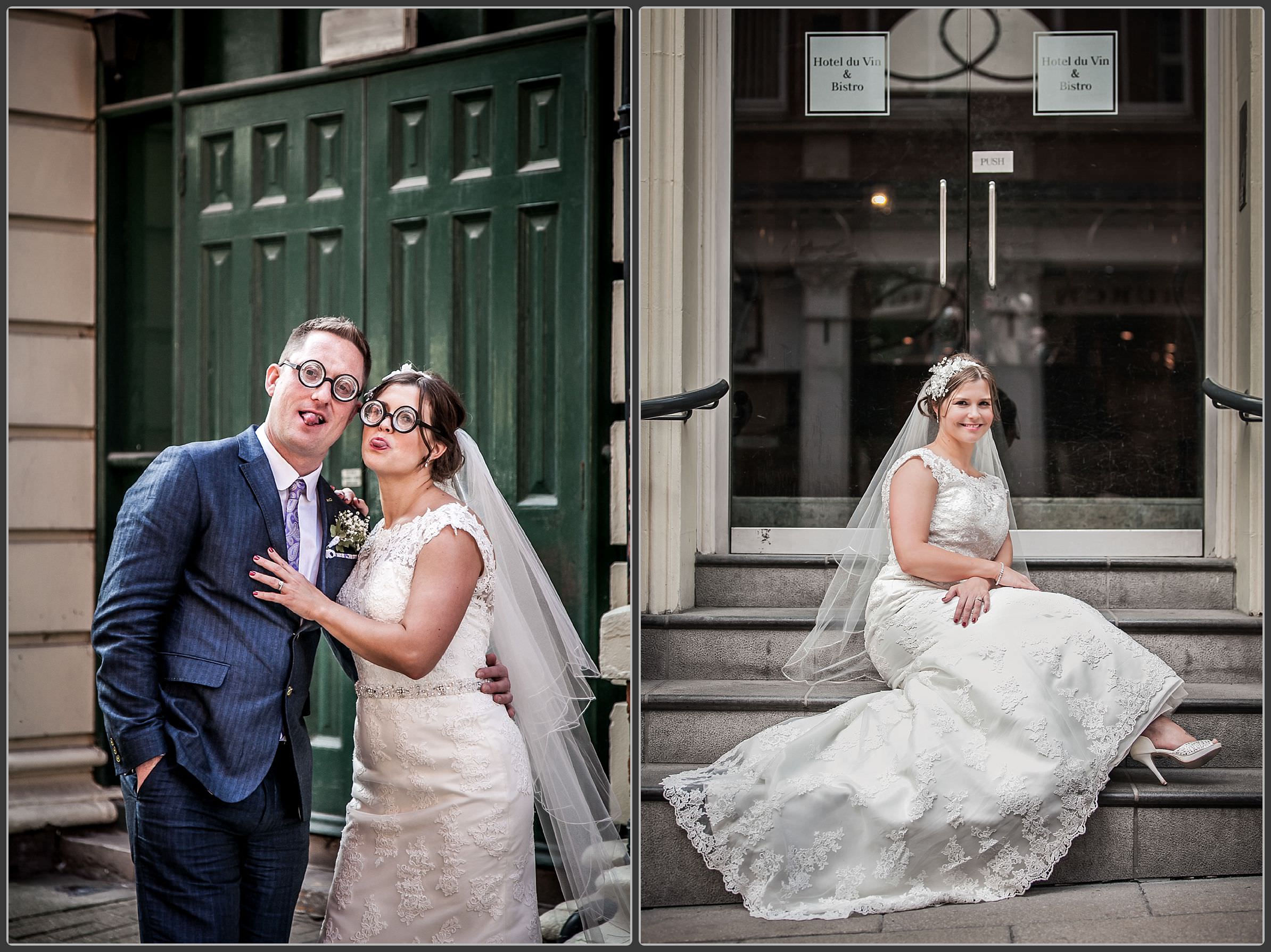 Bride and groom outside the hotel du vin in Birmingham