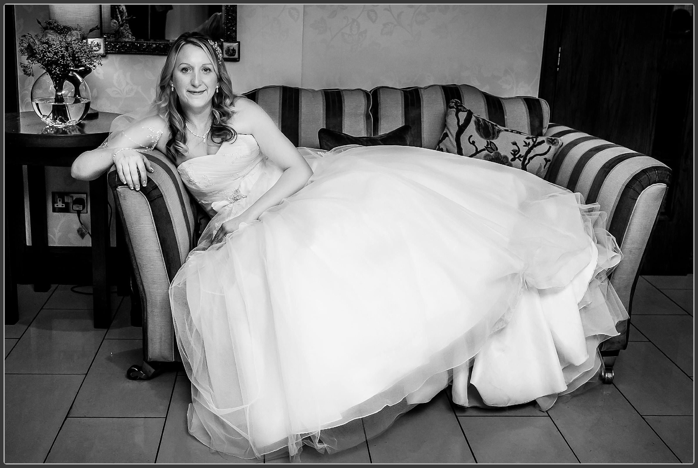 The bride lying on the sofa