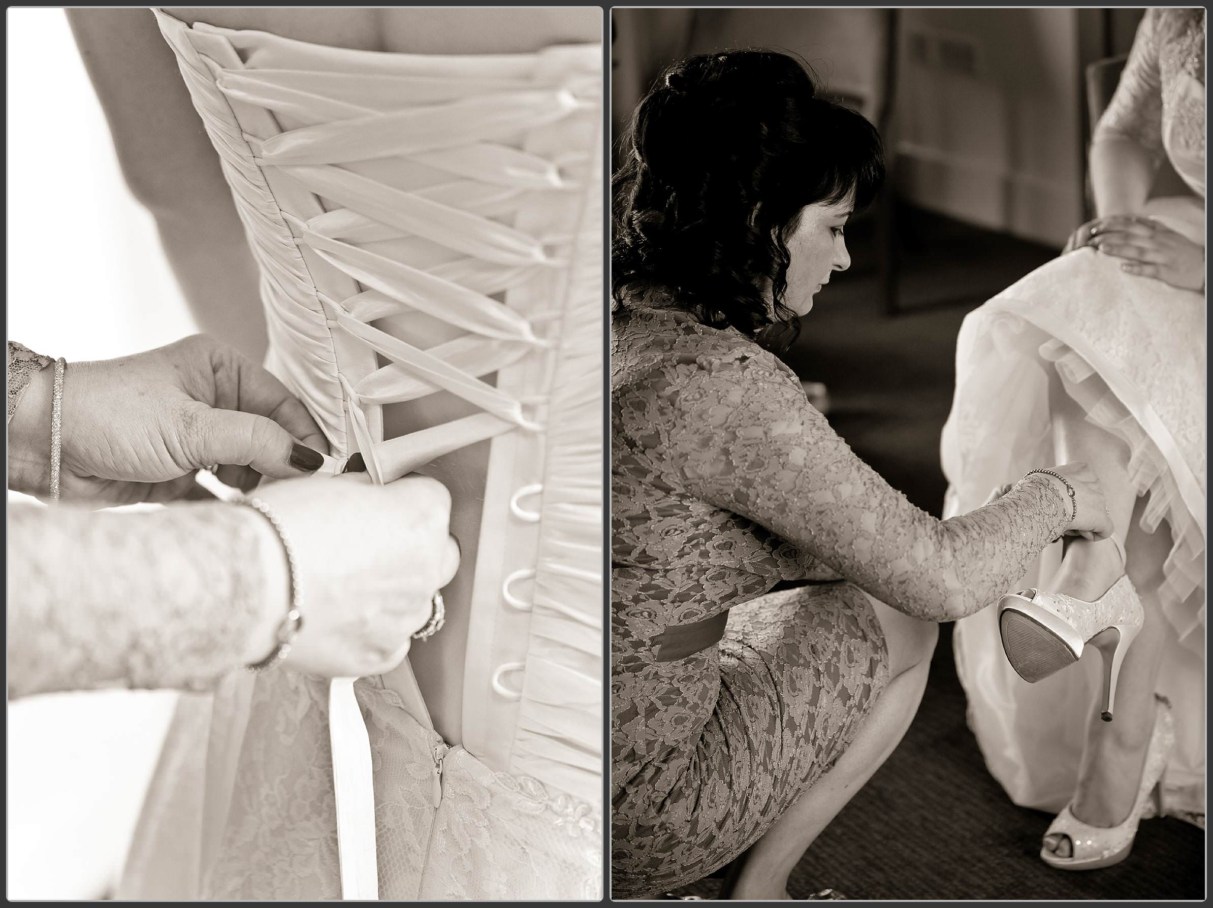 Bride getting ready at Mythe barn