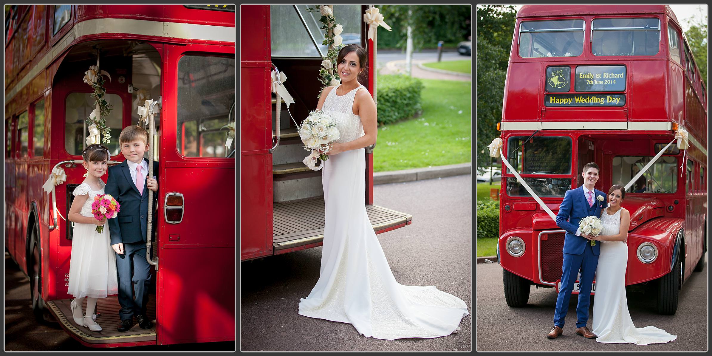 Bride and groom on big red bus