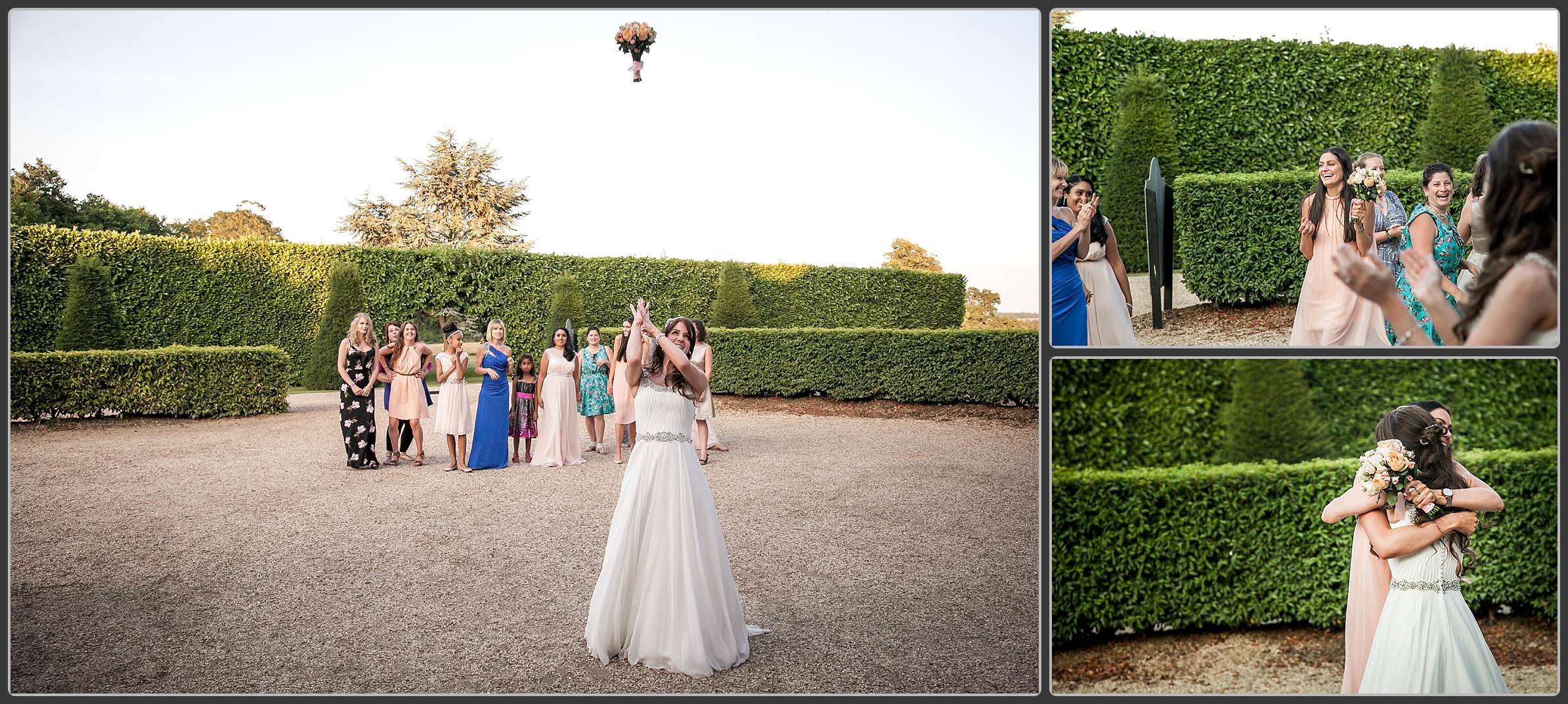 Tossing the bouquet at Fawsley Hall