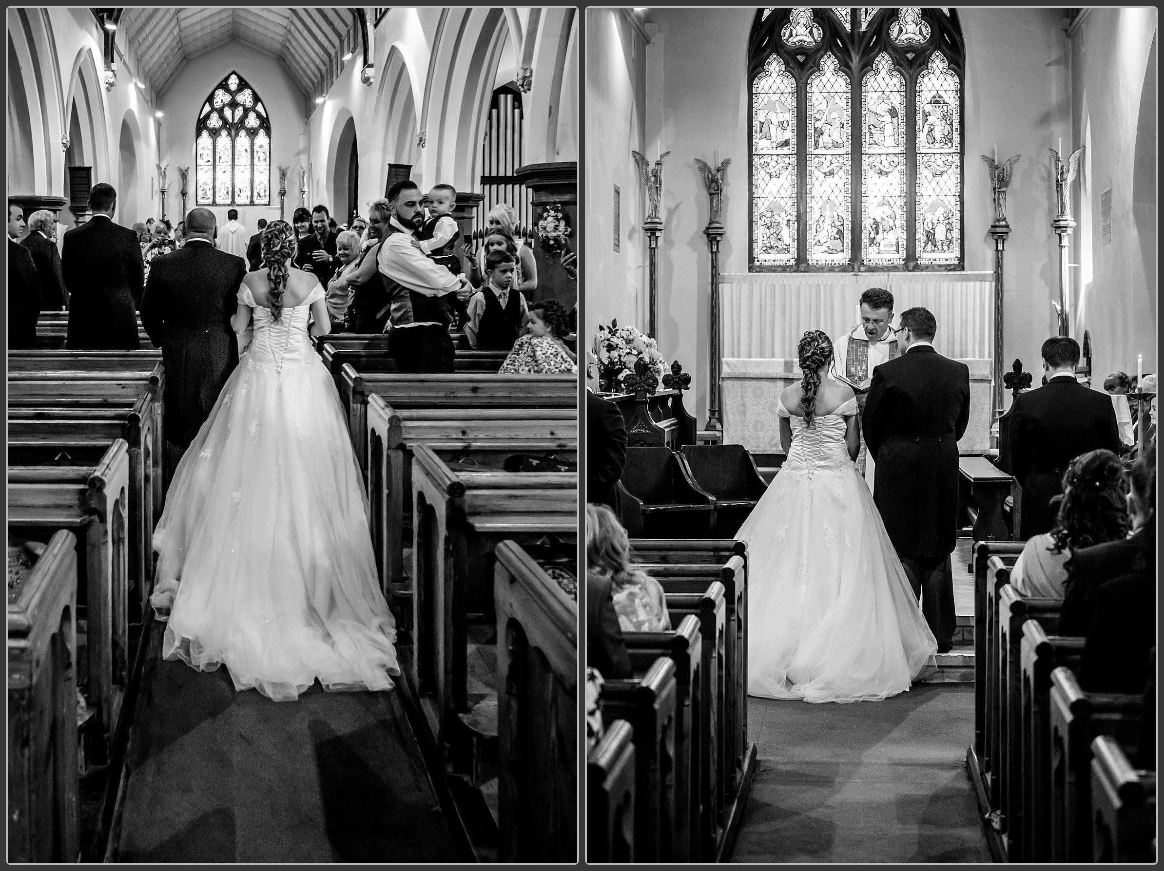 Bride walking down the aisle at Stoke St Michael's Church