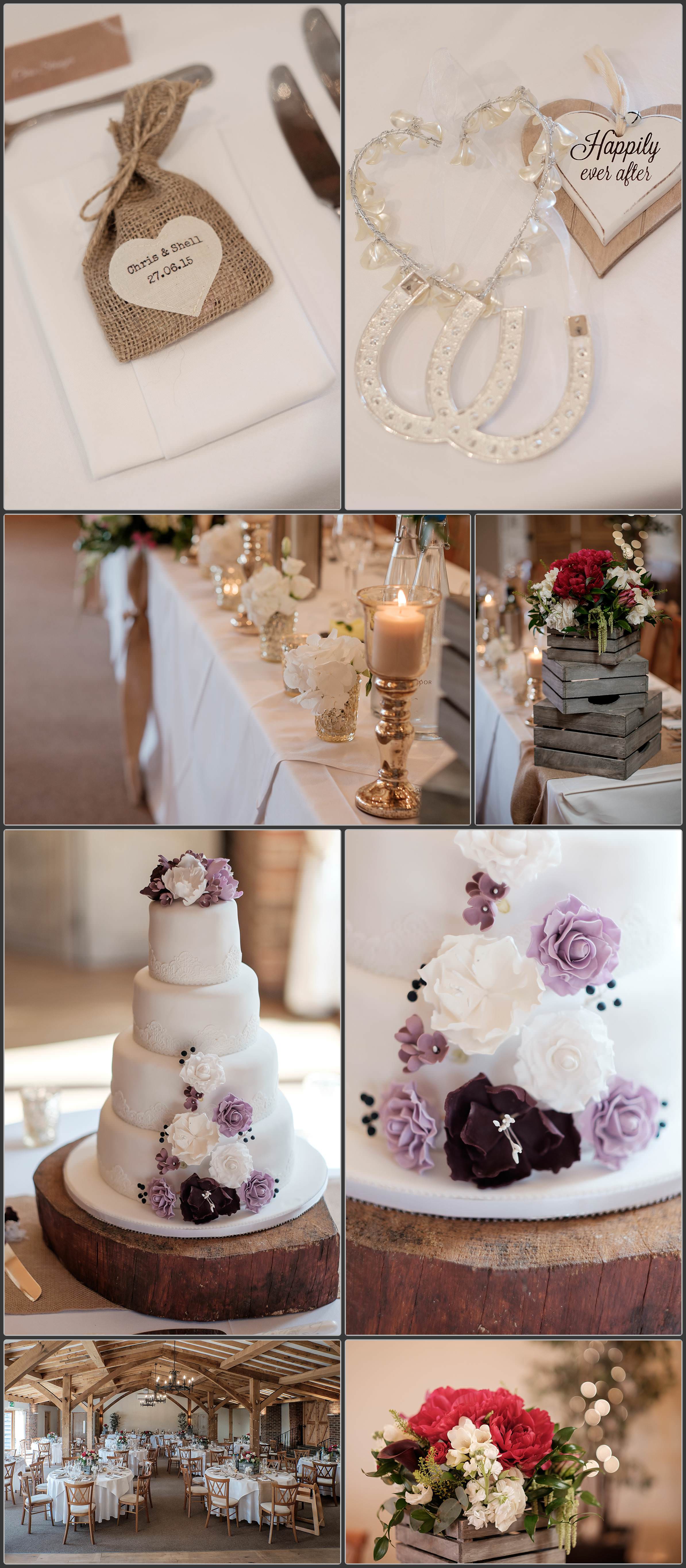 The wedding cake and seating arrangement