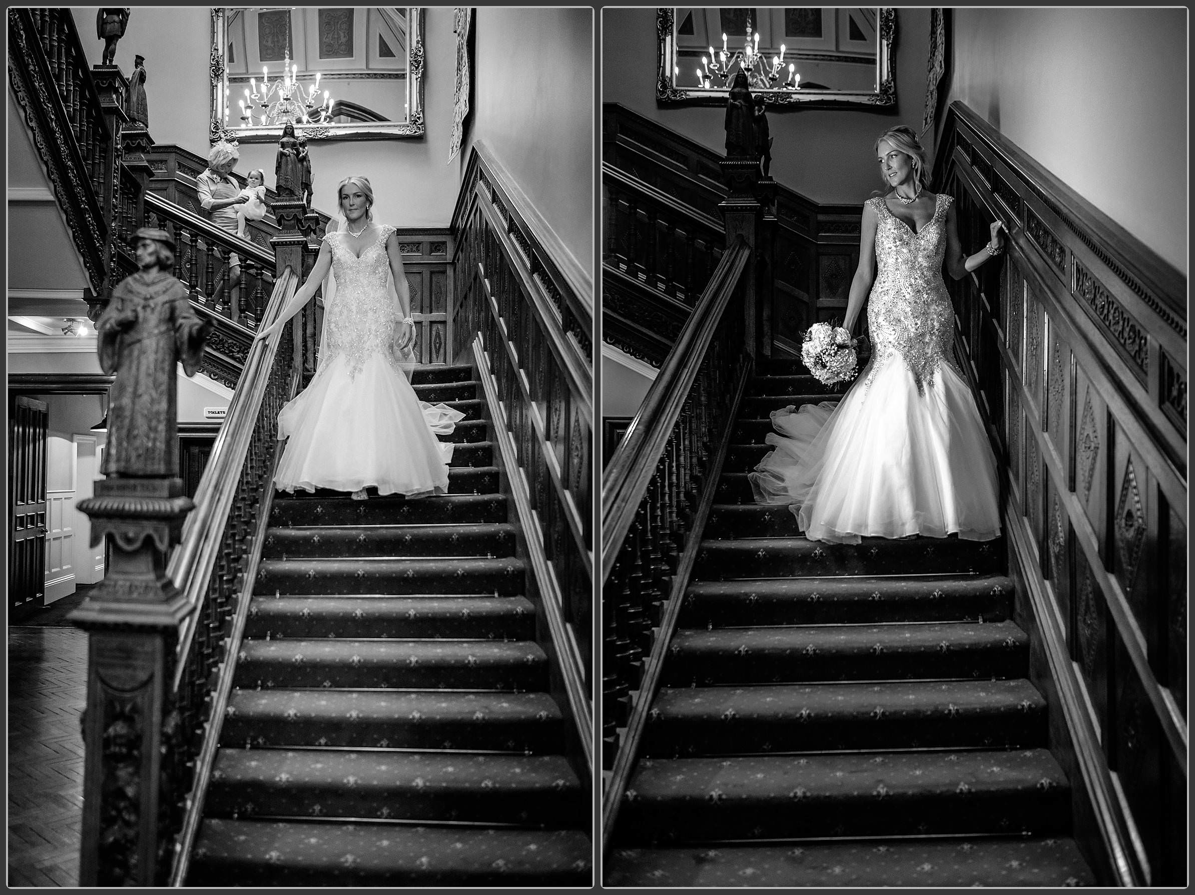 The bride walking down the stairs