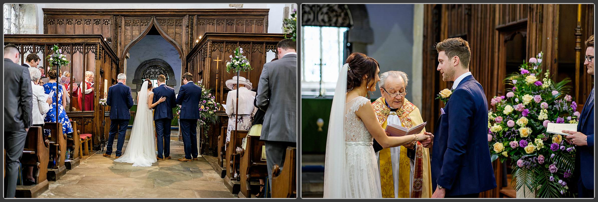 The bride and groom at St Peter's Church in Wootton Wawen