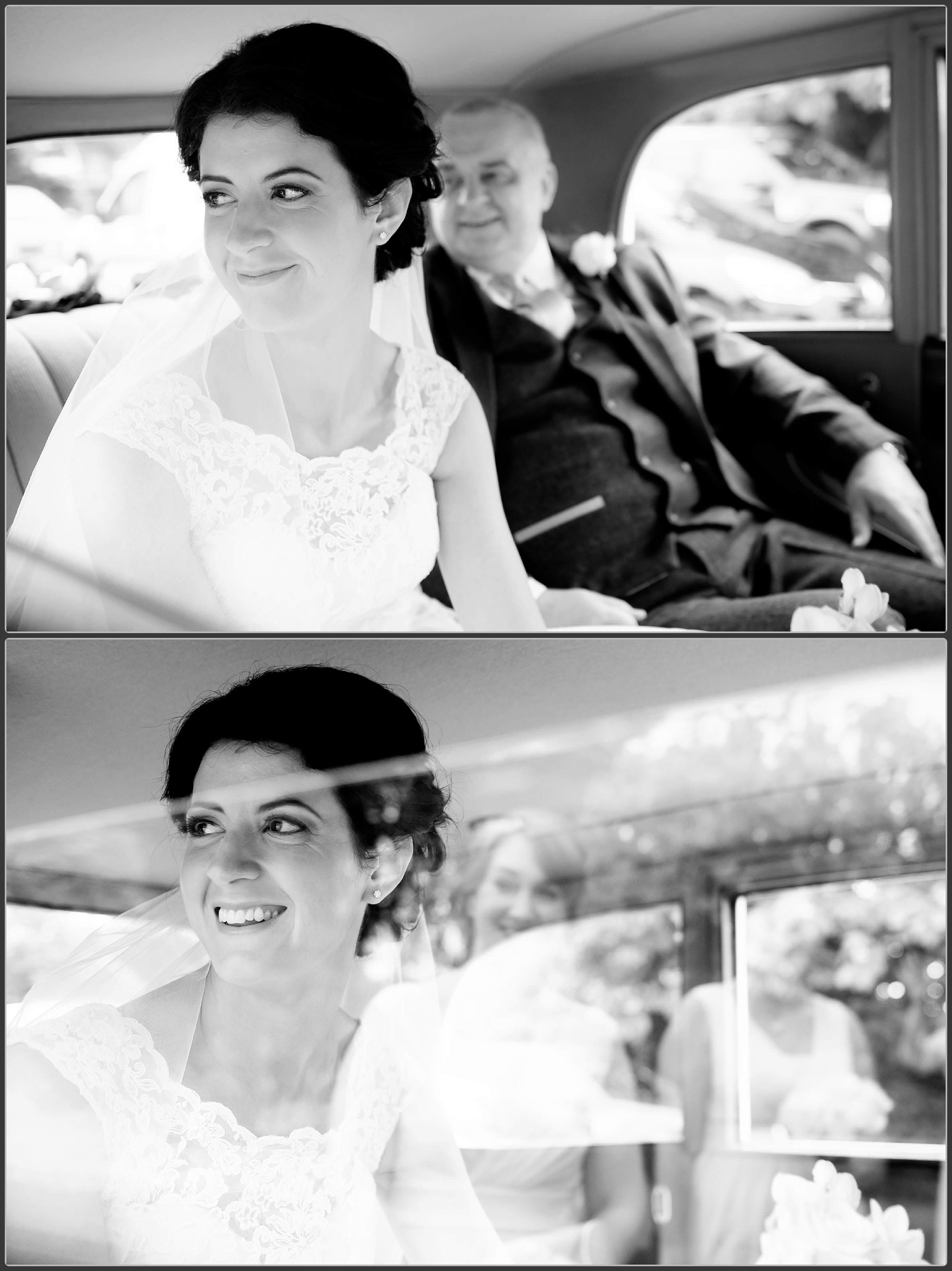 The bride looking out the wedding cars window