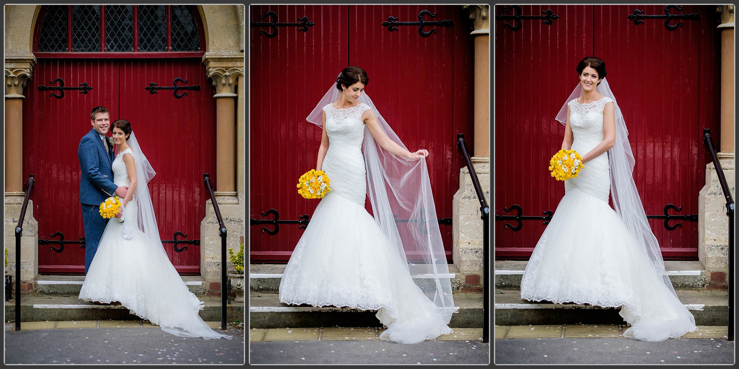 Photos of the bride and groom outside the church