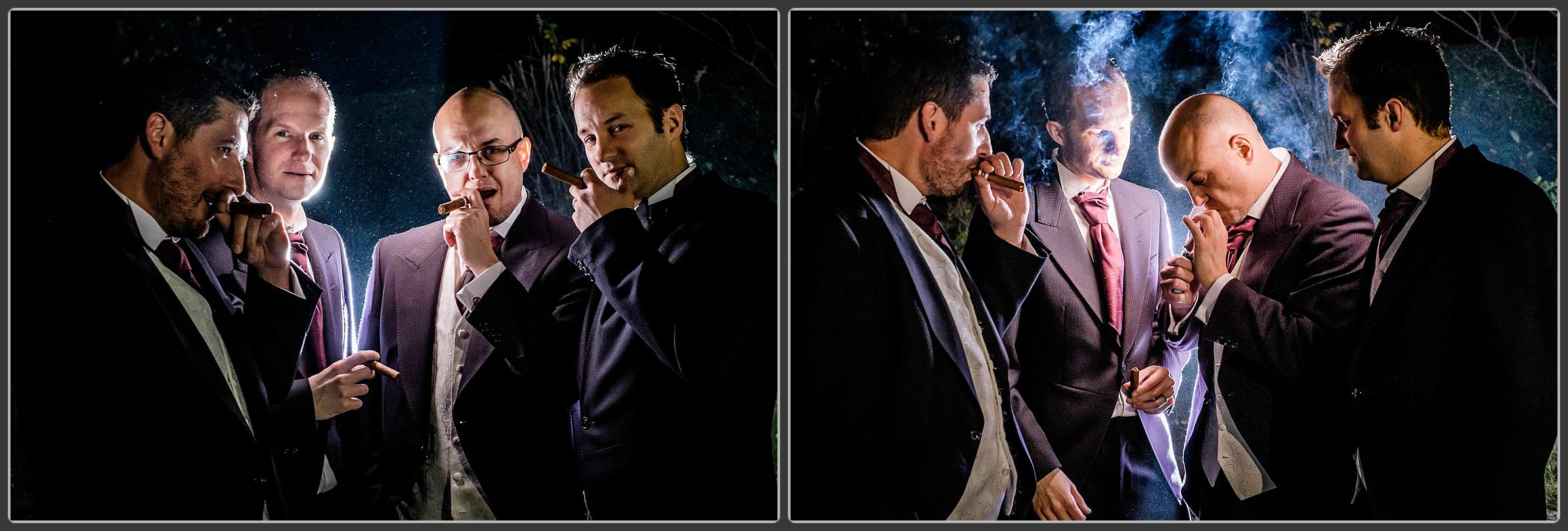 Guys smoking cigars at a wedding at the forest Hotel in Dorridge