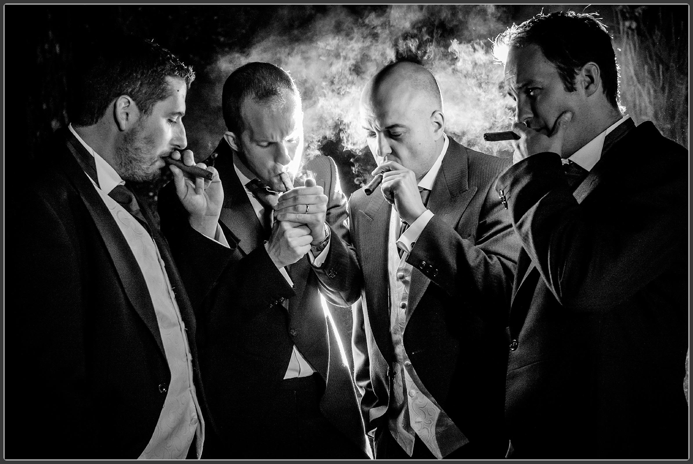 Guys smoking cigars at a wedding at the forest Hotel in Dorridge 2