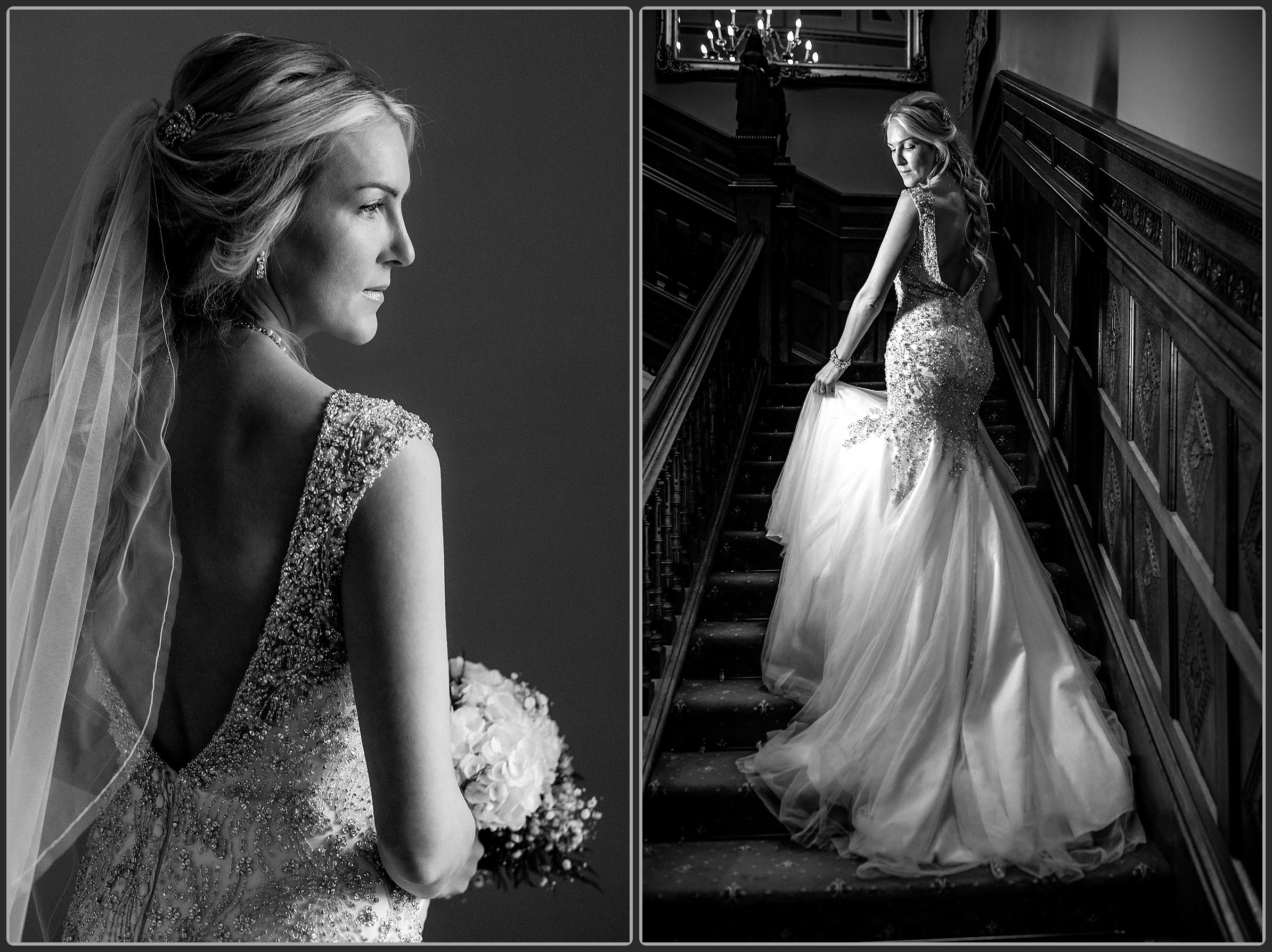 Bride on the stairs at Manor by the Lake