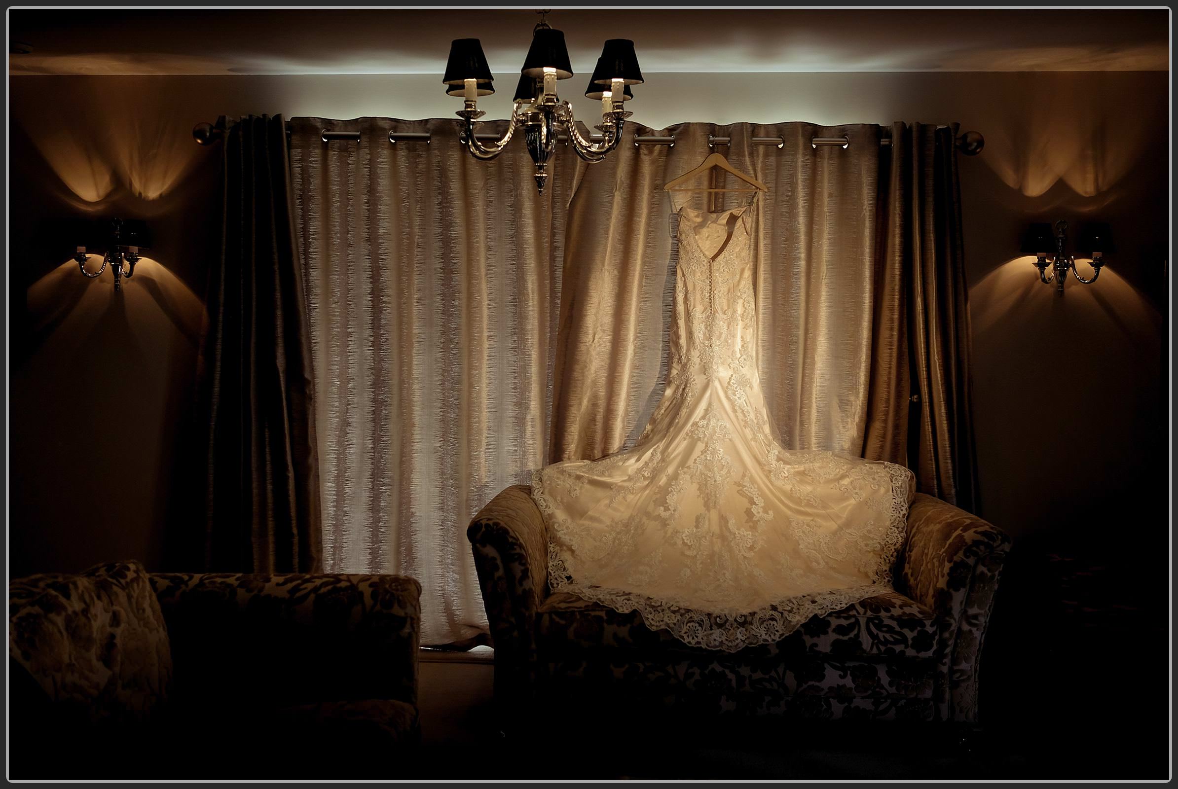 Brides dress hanging up