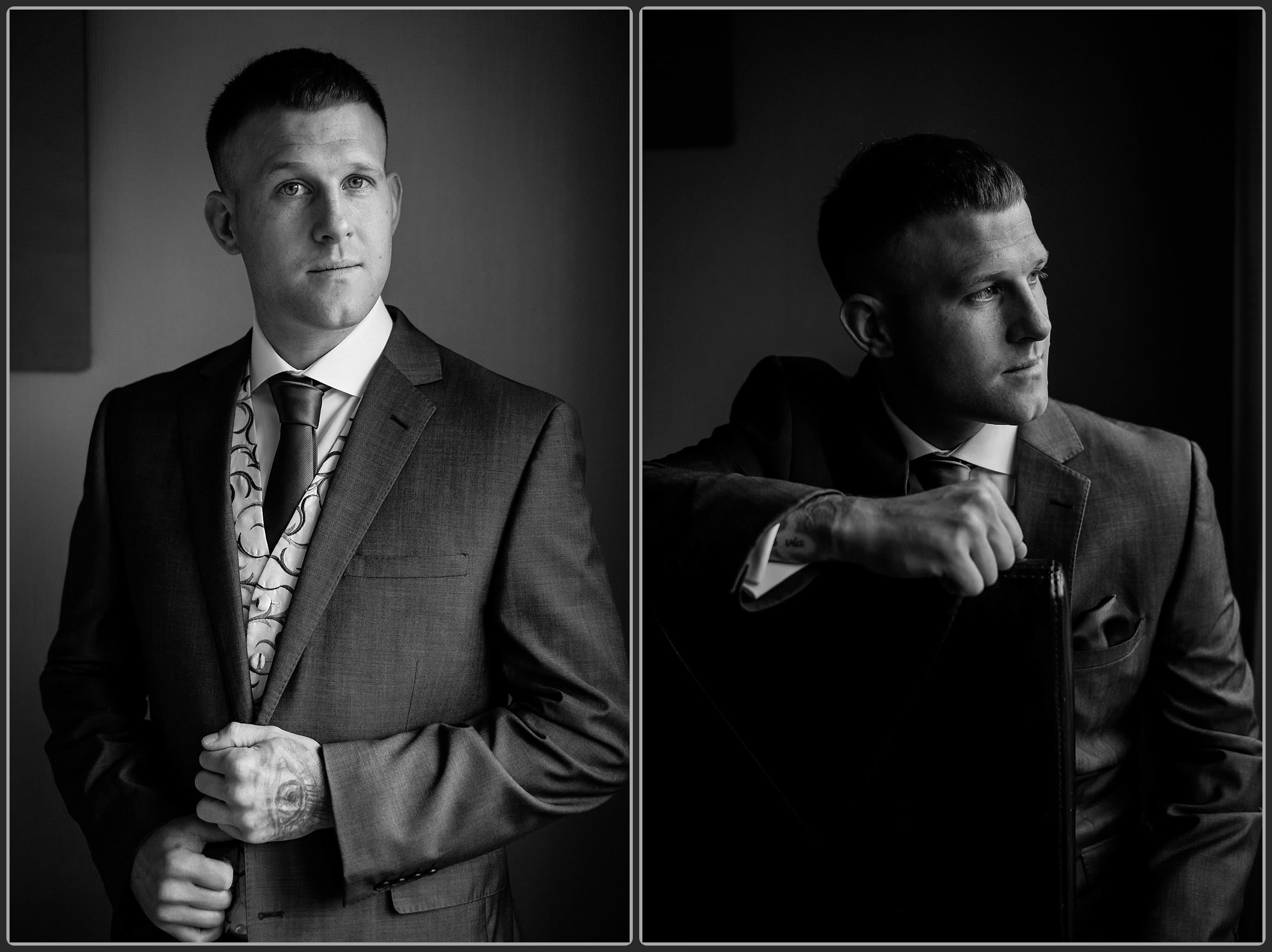 Black and white portraits of the groom