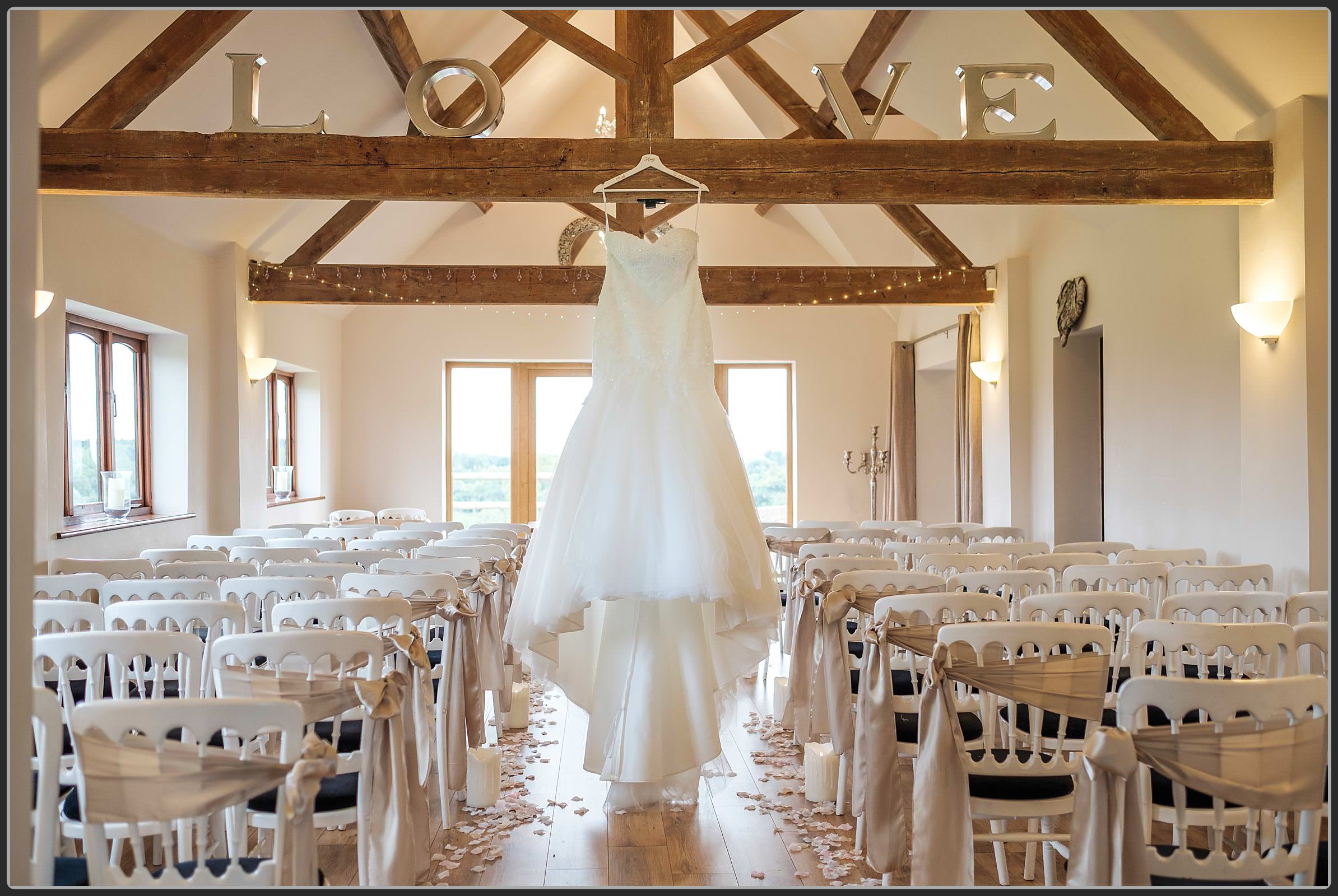 Wedding dress hanging up