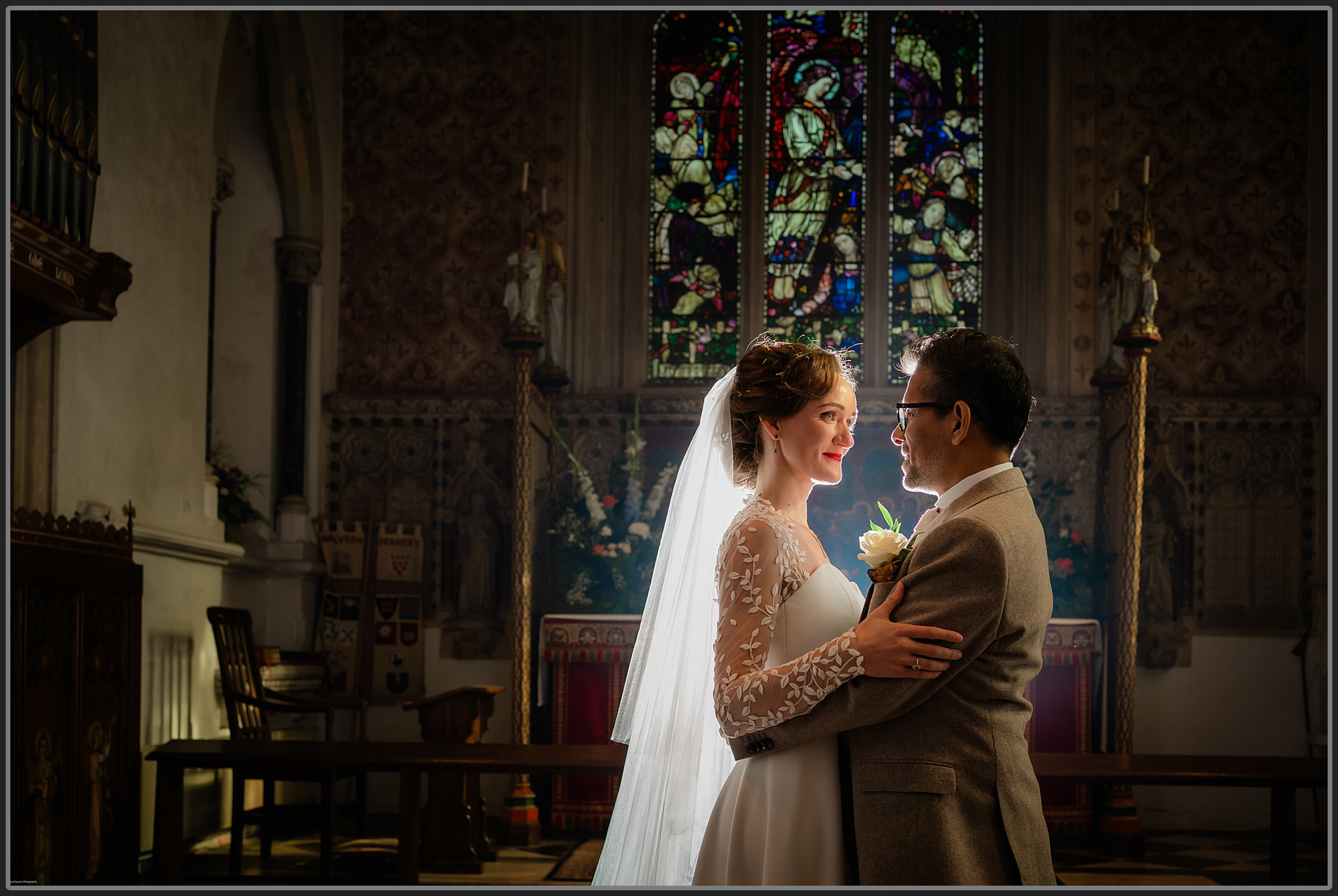 Photos of the bride and groom in the church