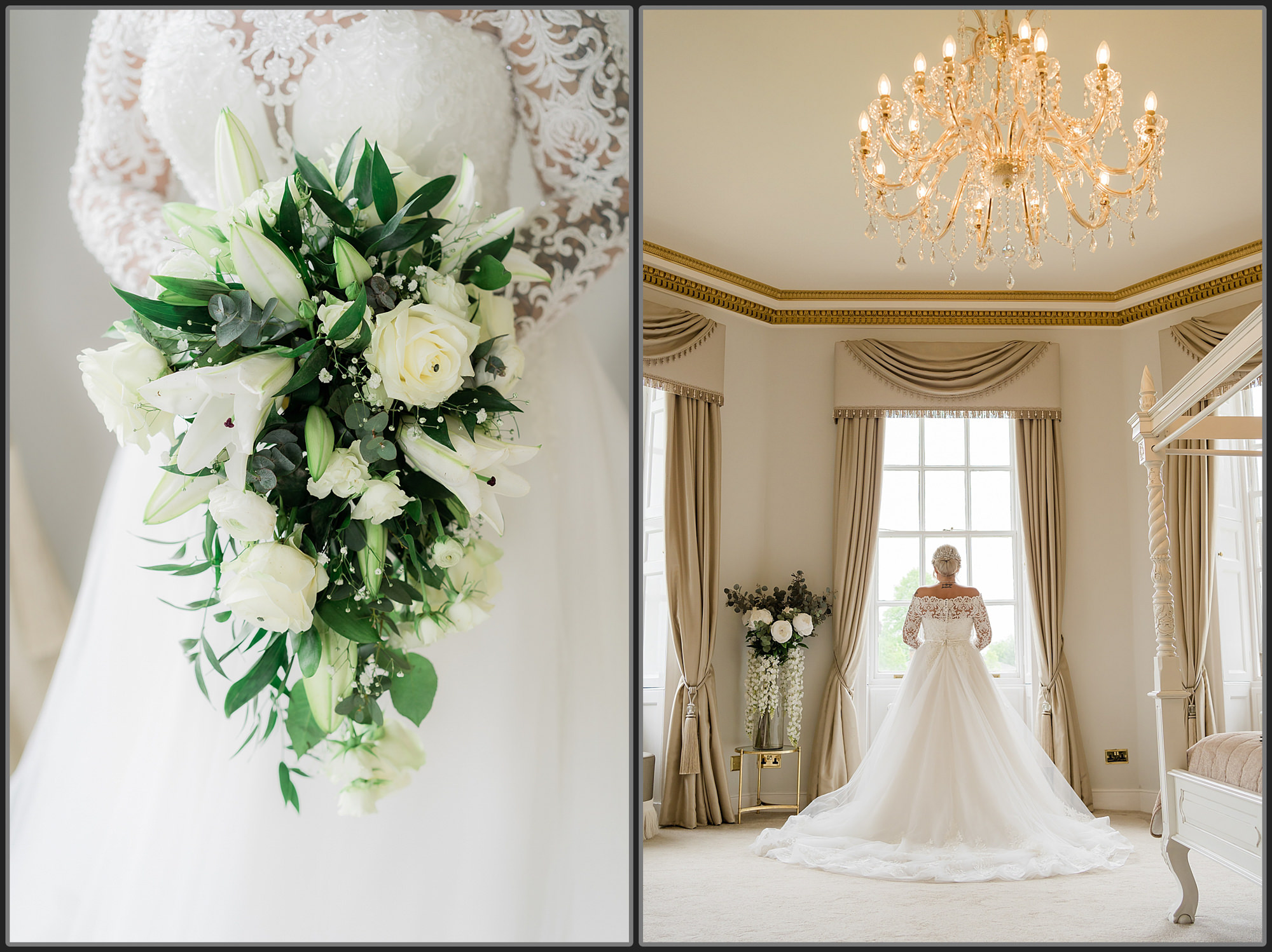 The bride in her wedding dress in the window