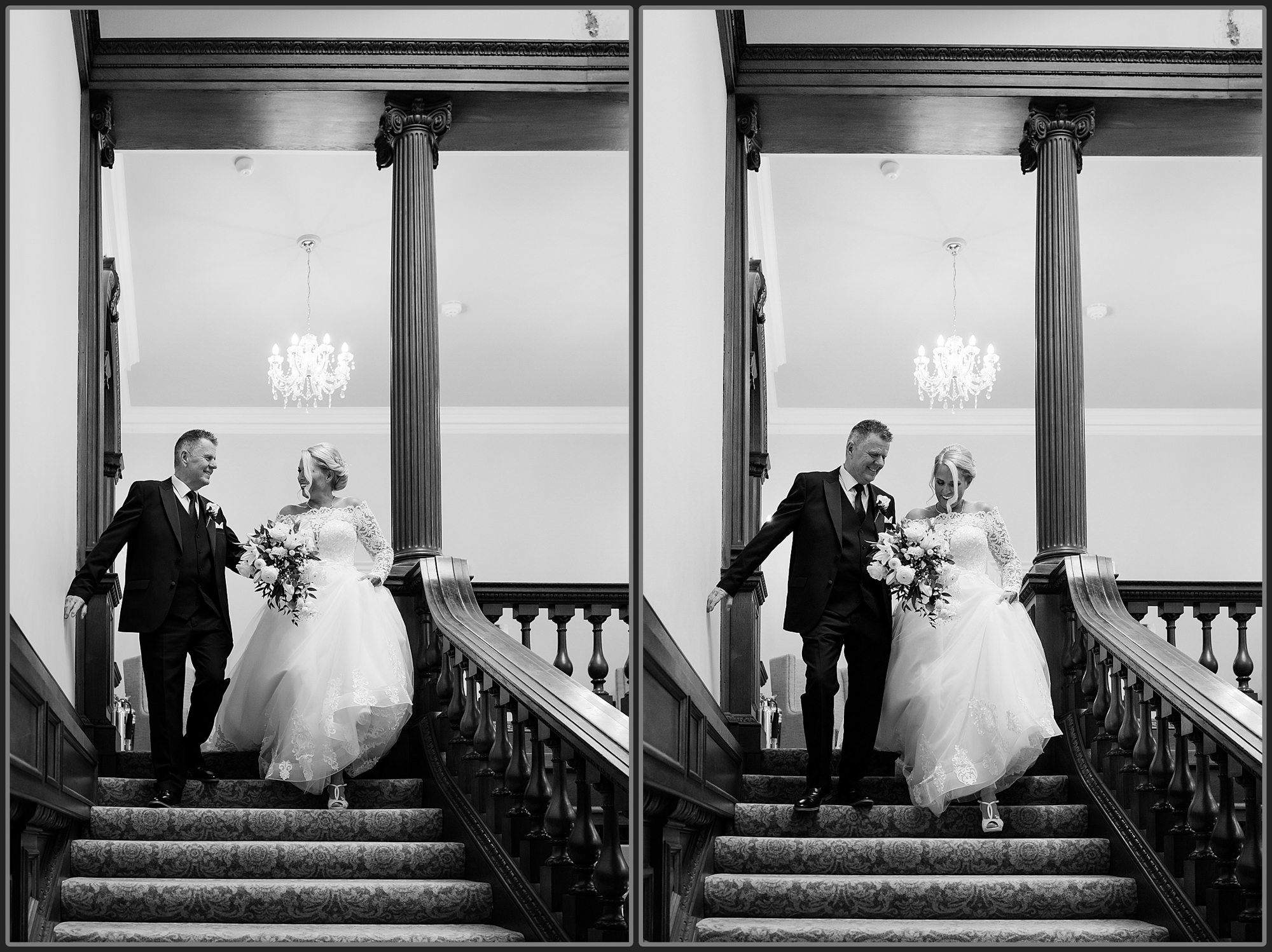 Bride and her father walking down the stairs at Bourton Hall