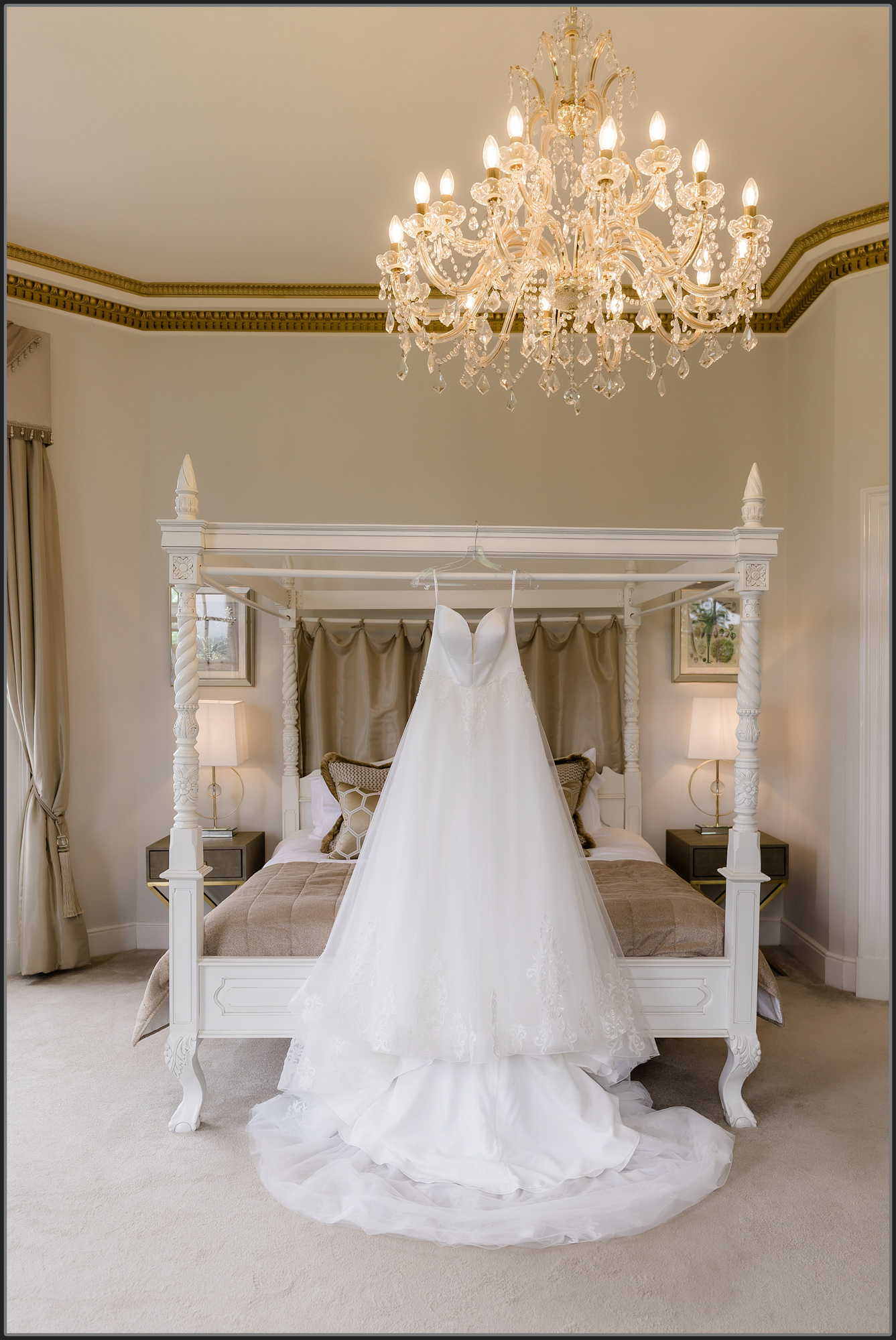 Wedding dress hanging at Bourton Hall