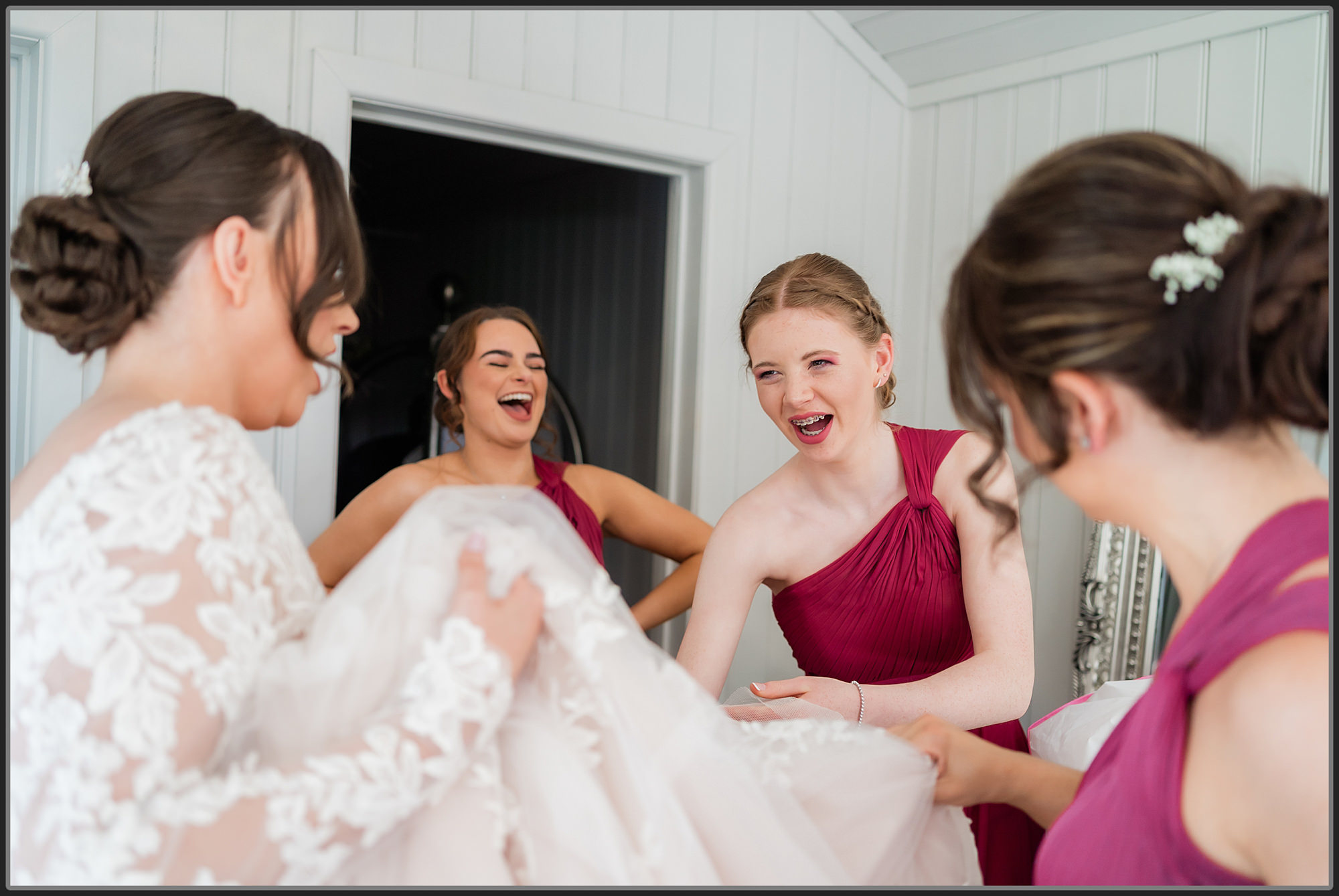 The bride and bridesmaids having fun