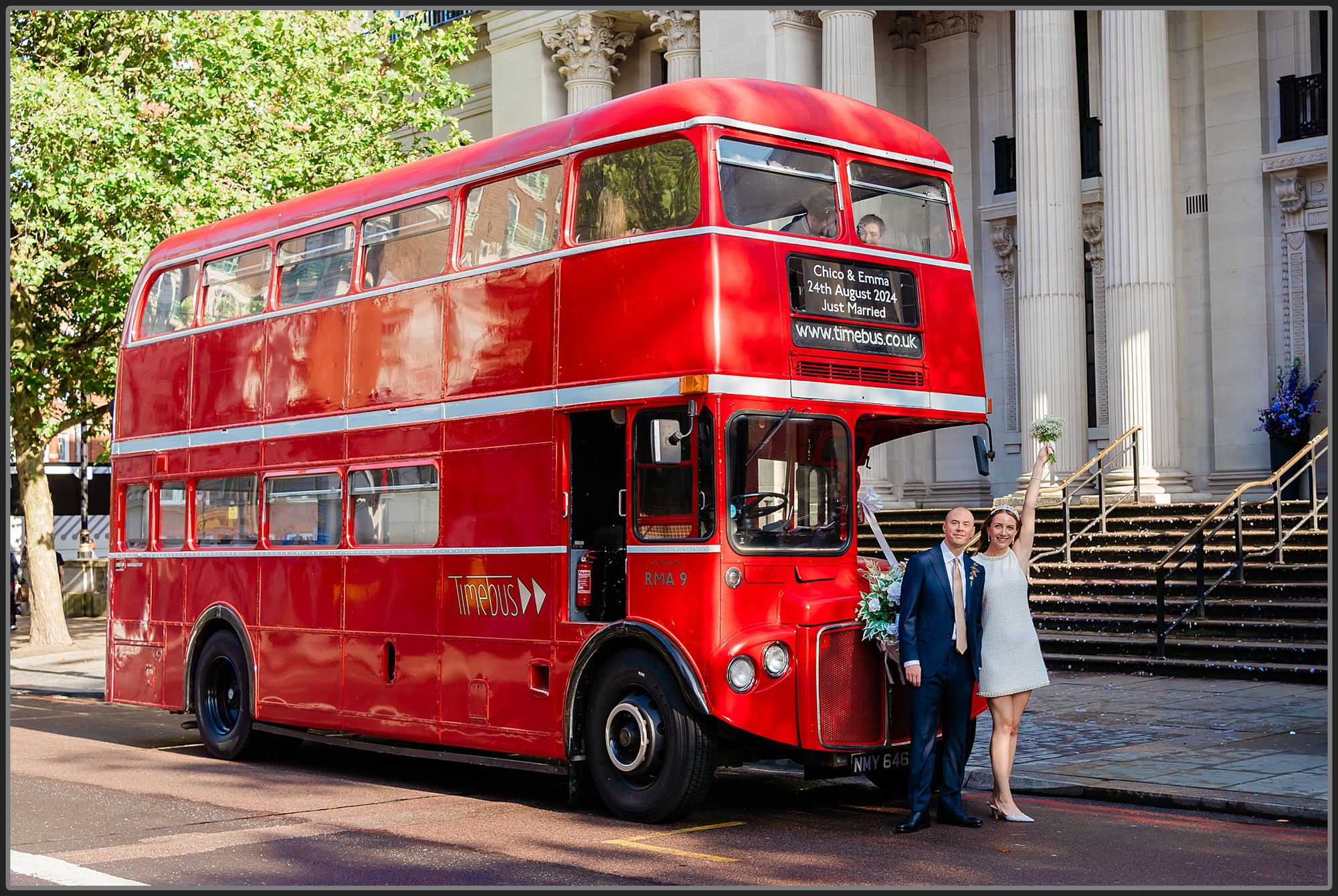 Red London Bus at the Wedding Photography at the Old Marylebone Town Hall, Westminster Council House