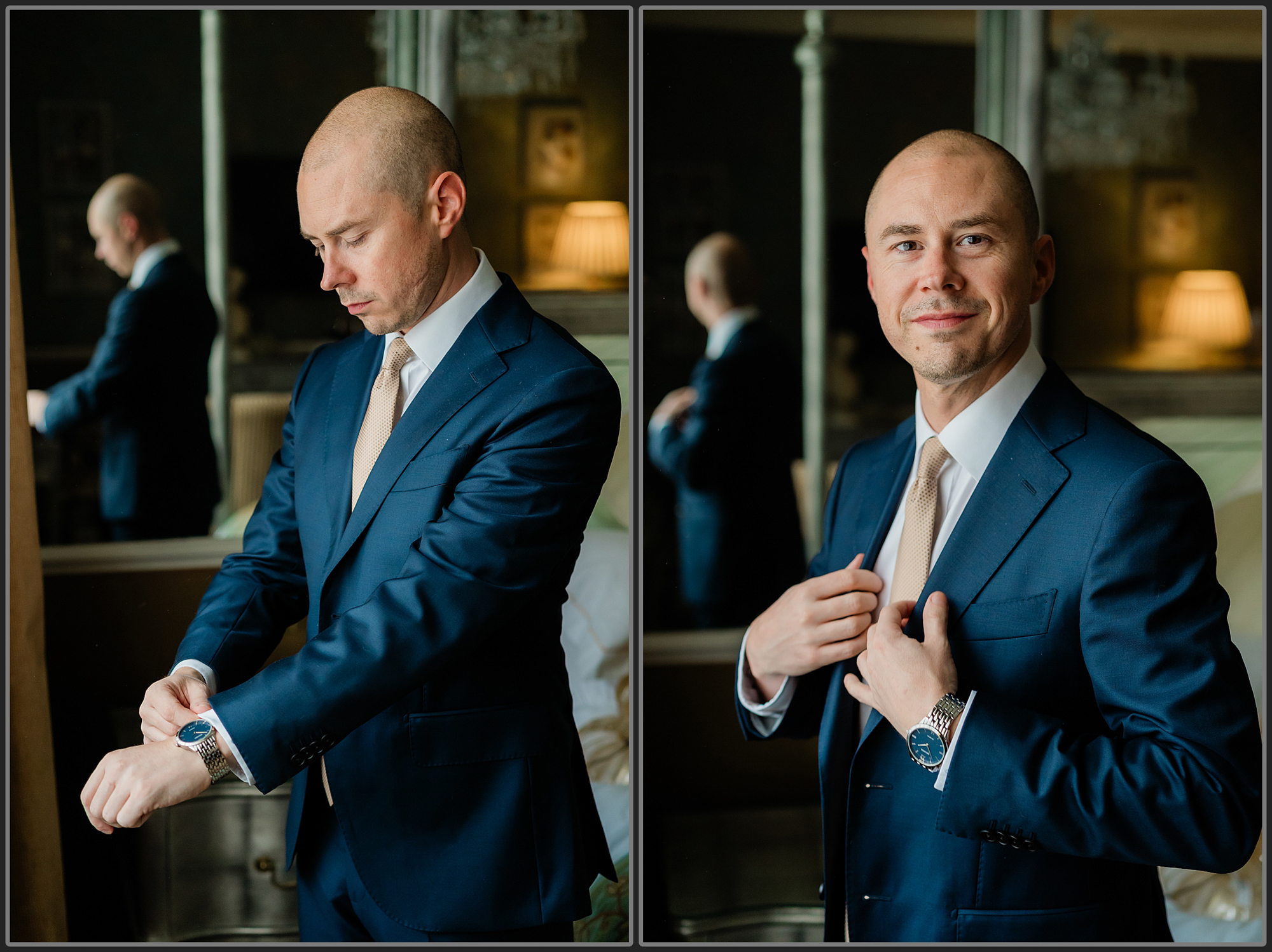 The groom putting his jacket on